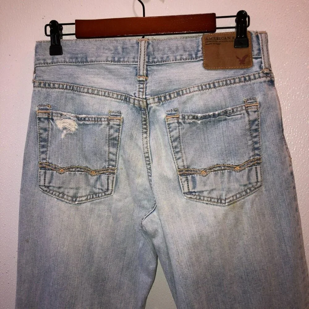 American Eagle Mens Size 28 x 28 Light Wash Blue Distressed Bootcut Denim Jeans